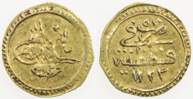 TURKEY: Mahmud II, 1808-1839, AV rubiye (0.79g), Kostantiniye, AH1223 year 5, KM-605, EF-AU. The rubiye ("quarter") is ¼ of the sultani (findik), whic...