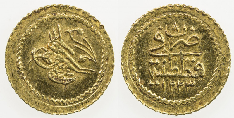 TURKEY: Mahmud II, 1808-1839, AV rubiye (0.81g), Kostantiniye, AH1223 year 8, KM...