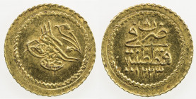 TURKEY: Mahmud II, 1808-1839, AV rubiye (0.81g), Kostantiniye, AH1223 year 8, KM-608, choice Unc. The rubiye ("quarter") is ¼ of the sultani (findik),...