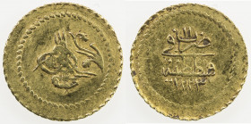 TURKEY: Mahmud II, 1808-1839, AV rubiye (0.81g), Kostantiniye, AH1223 year 11, KM-608, choice AU. The rubiye ("quarter") is ¼ of the sultani (findik),...