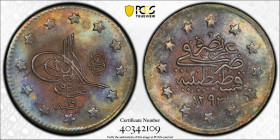 TURKEY: Abdul Hamid II, 1876-1909, AR kurush, Kostantiniye, AH1293 year 19, KM-735, a superb example! PCGS graded MS65.
Estimate: USD 60 - 80