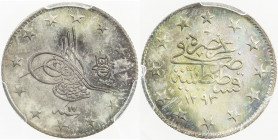 TURKEY: Abdul Hamid II, 1876-1909, AR 2 kurush, Kostantiniye, AH1293 year 17, KM-736, a superb example! PCGS graded MS65.
Estimate: USD 75 - 100