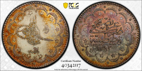 TURKEY: Abdul Hamid II, 1876-1909, AR 5 kurush, Kostantiniye, AH1293 year 17, KM-737, a superb example! PCGS graded MS65.
Estimate: USD 75 - 100