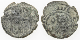 SALDUQIDS: Nasir al-Dawla Ghazi, 1132-1145, AE fals (4.58g), NM, ND, A-B1890, standing figure holding long cross and diadem, with cornucopia in backgr...