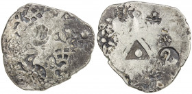 KASHI: Punchmarked series, ca. 525-465 BC, AR vimshatika (4.54g), Ra-803, unusual obverse symbol twice, 6-armed wheel on reverse, 7 banker's marks on ...