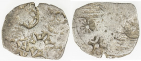 KASHI: Punchmarked series, ca. 525-465 BC, AR vimshatika (4.68g), Ra-803, unusual obverse symbol twice, 6-armed wheel on reverse, 3 banker's marks on ...