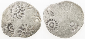 KASHI: Punchmarked series, ca. 525-465 BC, AR vimshatika (4.67g), Ra-818/822, 2 banker's marks on reverse, plus 1 on obverse, lovely bold obverse, VF-...