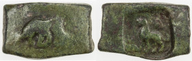 PUSHKALAVATI: Anonymous, ca. 200 BC, AE rectangular unit (11.34g), Mitch-4401/03, elephant right // lion left, lovely deep green patination, VF.
Esti...