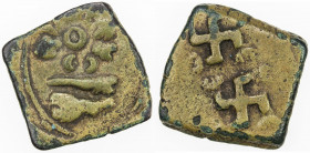 SAURASHTRA: Anonymous, ca. 2nd century BC, AE square unit (4.56g), Pieper-430 (this piece), crude man with taurine standard, 6-arm symbol to left, boa...