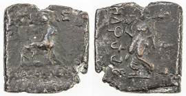 INDO-GREEK: Agathokles Dikaios, ca. 190-180 BC, AE square unit (11.27g), Bop-10, Lakshmi facing, king's name in Brahmi // lion right, king's name in G...