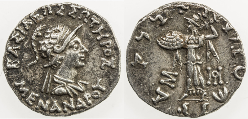 INDO-GREEK: Menander I Soter, ca. 155-130 BC, AR drachm (2.43g), Bop-16G, monogr...