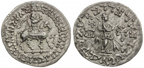 INDO-SCYTHIAN: Azes II, ca. 35 BC to 5 AD, AR tetradrachm (9.50g), Mitch-2366, king on horseback, square letter O in the Greek legend // Pallas standi...