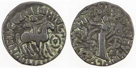 INDO-SCYTHIAN: Kharahostes, ca. 20-1 BC, BI tetradrachm (9.33g), Senior-139, king on horseback right, holding whip, symbol before // Tyche standing le...