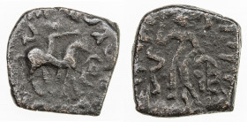 INDO-SCYTHIAN: Mujatria, 1st century AD, AE square fractional (1.61g), Senior-147, Cribbs-JONS.223, king on horseback // standing figure, ruler's name...