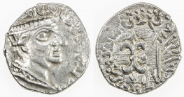 WESTERN KSHATRAPAS: Nahapana, ca. 50-100 AD, AR drachm (2.34g), Senior-303, Pieper-823, bust right, Greek legend around // thunderbolt & arrow, Brahmi...