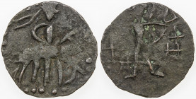 POST-KUSHAN: Anonymous, 3rd century AD, AE unit (1.28g), Pieper-1240 (this piece), elephant rider holding ankusa // moon deity Mao standing, derived f...