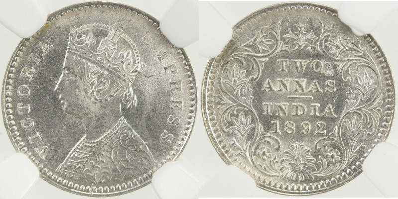 BRITISH INDIA: Victoria, Empress, 1876-1901, AR 2 annas, 1892-C, KM-488, crisp, ...