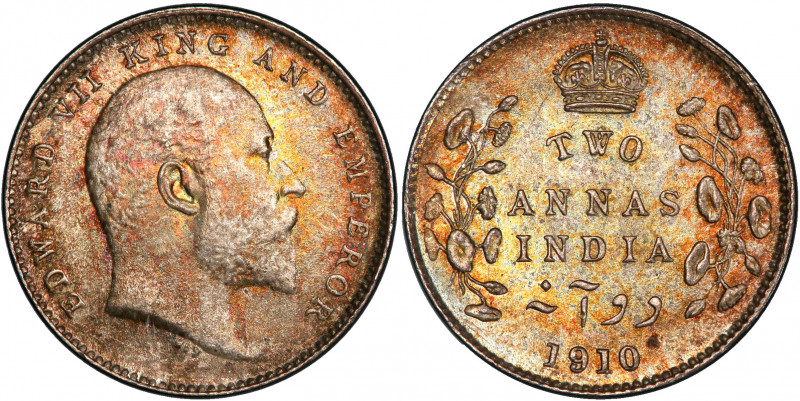 BRITISH INDIA: Edward VII, 1901-1910, AR 2 annas, 1910(c), KM-505, S&W-7.113, Pr...