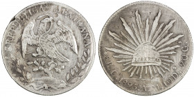 CHOPMARKED COINS: MEXICO: Republic, AR 8 reales, 1895-Cn, KM-377.3, assayer AM, several small chopmarks on either side, including a few characters ins...