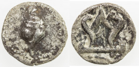 HAMSAVATI: 6th century, AR unit (8.55g), Mahlo-23.1, narrow conch shell // srivatsa, simplified ankusa & crescent inside, two pellets below, some poro...