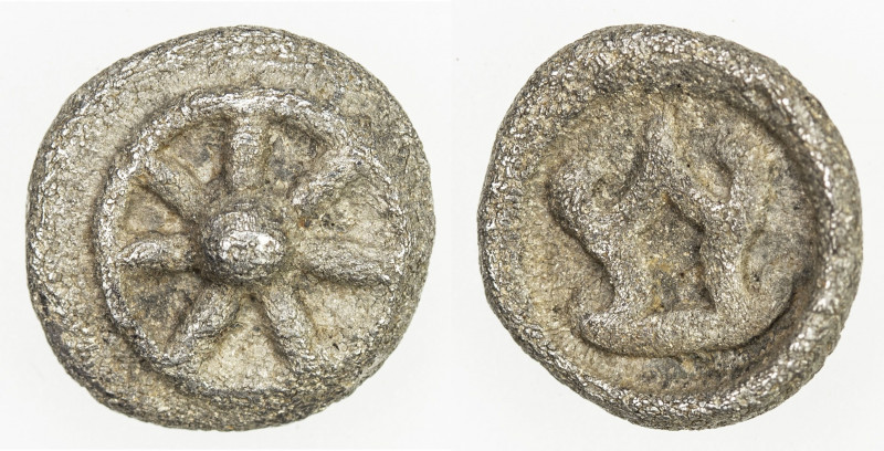 HAMSAVATI: 6th century, AR 1/20 unit (0.52g), Mahlo-24.2, lotus wheel (dhammacha...