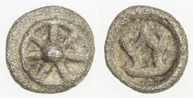 HAMSAVATI: 6th century, AR 1/20 unit (0.52g), Mahlo-24.2, lotus wheel (dhammachakra) // srivatsa, with no additional symbols, VF, R. Mahlo assigns thi...