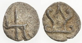 KYAIKTO: probably 5th century, AR 1/20 unit (0.37g), Mahlo-18, strange symbol, called banner or standard by Mahlo, and seems to be derived from the sw...