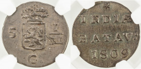 NETHERLANDS EAST INDIES: Batavian Republic, AE ½ duit, 1809, KM-75, rare in mint state quality! NGC graded MS62 BN, R. 
Estimate: USD 75 - 100