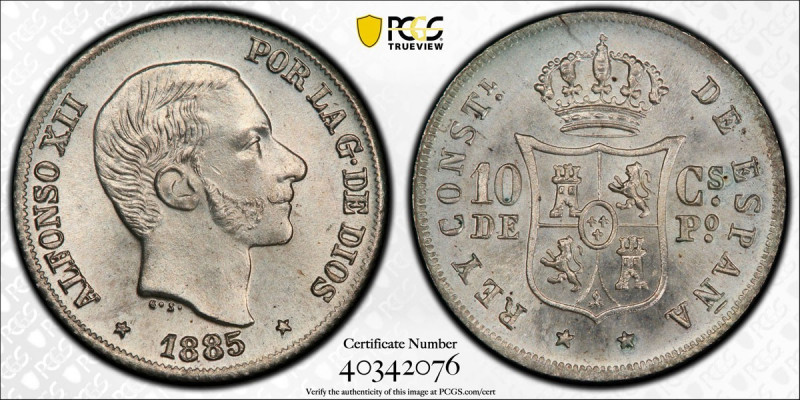PHILIPPINES: Alfonso XII, 1874-1885, AR 10 centimos, 1885, KM-148, a superb exam...