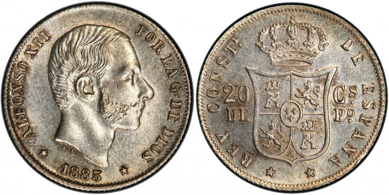 PHILIPPINES: Alfonso XII, 1874-1885, AR 20 centimos, 1885, KM-148, struck with f...