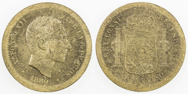 PHILIPPINES: Alfonso XII, 1874-1885, brass 10 centimos, "1880", KM-Pn17, later p...