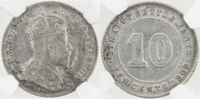 STRAITS SETTLEMENTS: Edward VII, 1901-1910, AR 10 cents, 1902/1, KM-21, unpublished overdate, one of two examples recorded by NGC, NGC graded VF35, R....