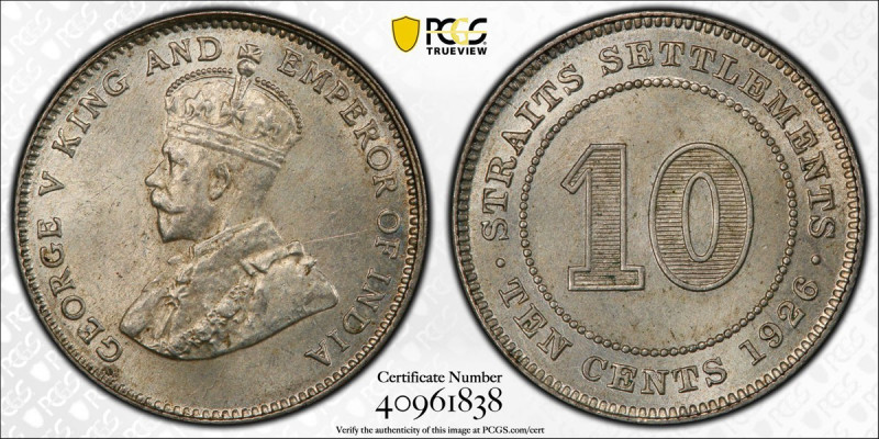 STRAITS SETTLEMENTS: George V, 1910-1936, AR 10 cents, 1926, KM-29b, a lovely qu...