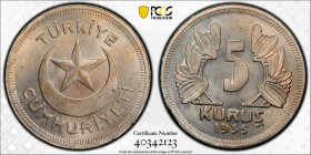 TURKEY: Republic, 5 kurush, 1935, KM-862, a lovely example! PCGS graded MS64+.
Estimate: USD 50 - 75