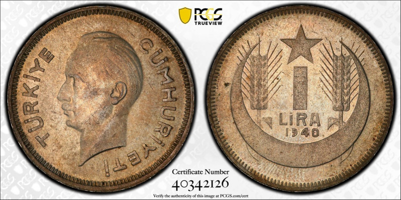 TURKEY: Republic, AR lira, 1940, KM-869, a lovely example! PCGS graded MS64.
Es...