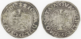 SCHLESWIG-HOLSTEIN-GOTTORP: Johann Adolf, 1587-1616, AR double schilling (doppelschilling) (2.81g), 1596, Lange-281, lions left // cross pattée with s...