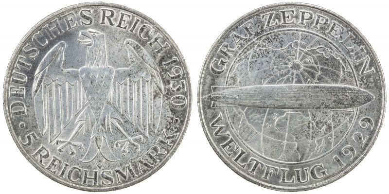 GERMANY: Weimar Republic, AR 5 reichsmark, 1930-A, KM-68, Graf Zeppelin Flight, ...