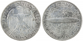GERMANY: Weimar Republic, AR 5 reichsmark, 1930-A, KM-68, Graf Zeppelin Flight, some hairlines, probably from a light wipe, Unc.
Estimate: USD 100 - ...