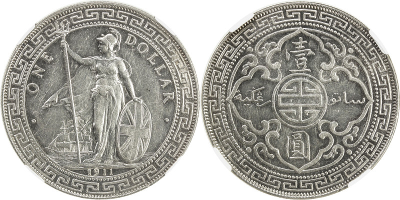 GREAT BRITAIN: AR trade dollar, 1911-B, KM-T5, NGC graded AU58. The British Trad...