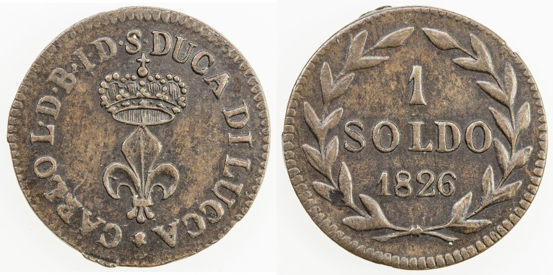 LUCCA: Carlo Lodovico di Bourbone, as Duke, 1824-1847, AE soldo, 1826, KM-A34, C...