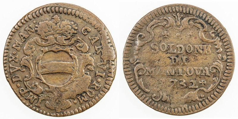 MANTUA: Carlo VI, 1707-1740, AE 2 soldi, 1732, KM-250, obverse die break, two-ye...