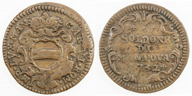 MANTUA: Carlo VI, 1707-1740, AE 2 soldi, 1732, KM-250, obverse die break, two-year type, F-VF, ex Wolfgang Schuster Collection. 
Estimate: USD 60 - 9...
