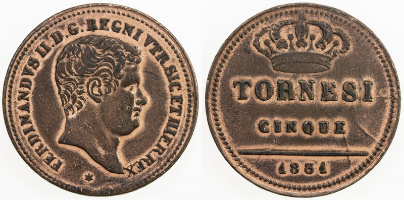 NAPLES: Ferdinando II, 1830-1859, AE 5 tornese, 1831, KM-305, lightly cleaned lo...