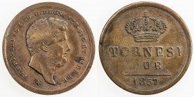 NAPLES: Ferdinando II, 1830-1859, AE 2 tornesi, 1857, KM-374, minor striking weakness, EF, ex Wolfgang Schuster Collection. 
Estimate: USD 60 - 90