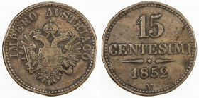 NAPLES: Franz Josef I, 1848-1916, AE 15 centesimi, 1852-V, Cr-33.2, multiple rim bumps, but rare type, VF, R, ex Wolfgang Schuster Collection. 
Estim...