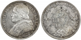 PAPAL STATES: Pius IX, 1846-1870, AR 5 lire, 1879-XXVR, KM-1385, light hairlines, iridescent peripheral toning, EF-AU.
Estimate: USD 100 - 150