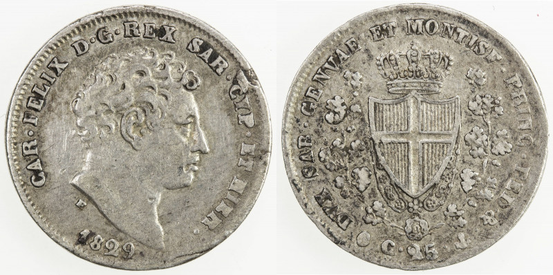 SARDINIA: Carlo Felice, 1821-1831, AR 25 centesimi, 1829(b), KM-128.2, Cr-101, i...