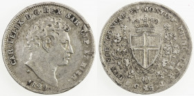 SARDINIA: Carlo Felice, 1821-1831, AR 25 centesimi, 1829(b), KM-128.2, Cr-101, initials F-P, Genoa Mint issue, two-year subtype, F-VF, ex Wolfgang Sch...