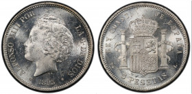 SPAIN: Alfonso XIII, 1886-1931, AR 5 pesetas, 1893, KM-700, initials PGL, a lustrous mint state example! PCGS graded MS62.
Estimate: USD 100 - 150