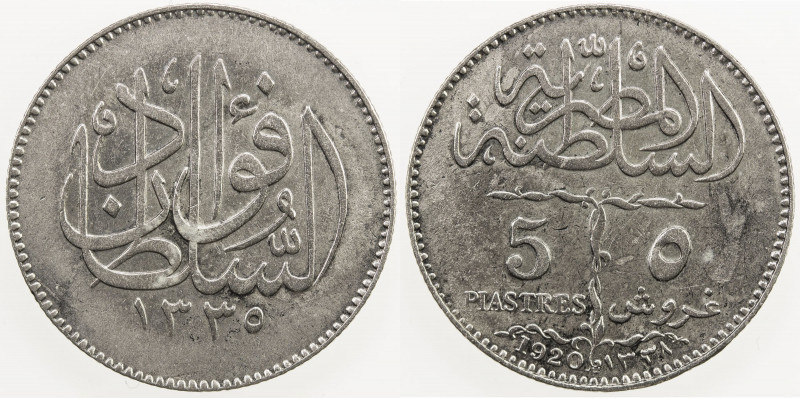 EGYPT: Fuad I, as sultan, 1917-1922, AR 5 piastres, 1920-H/AH1338, KM-326, struc...